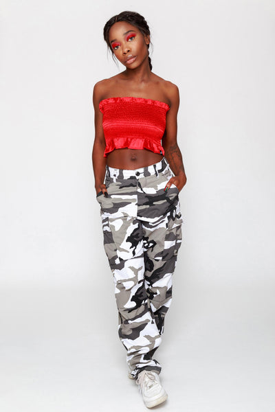 Satin Ruched Frill Bandeau Top Red
