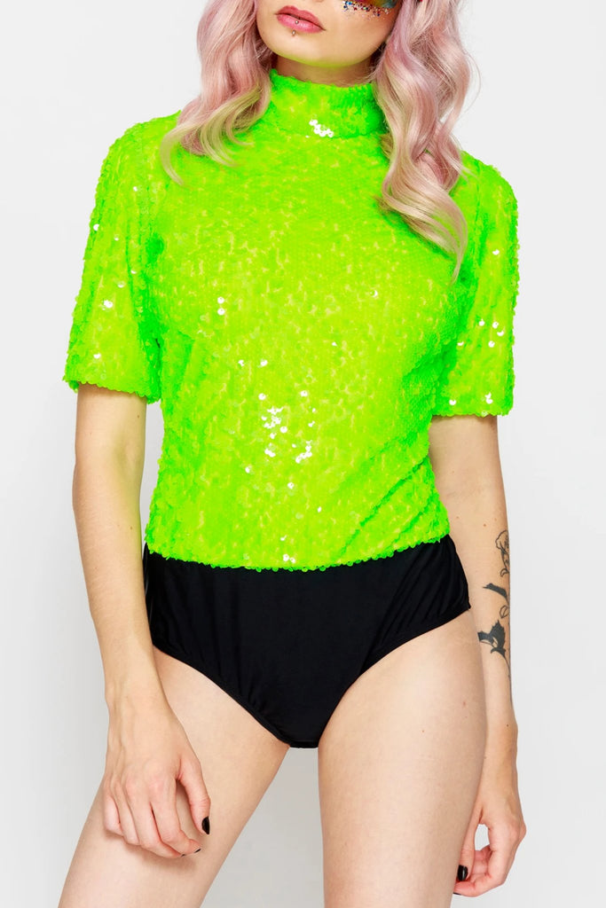 Neon Green High Neck Sequin Bodysuit