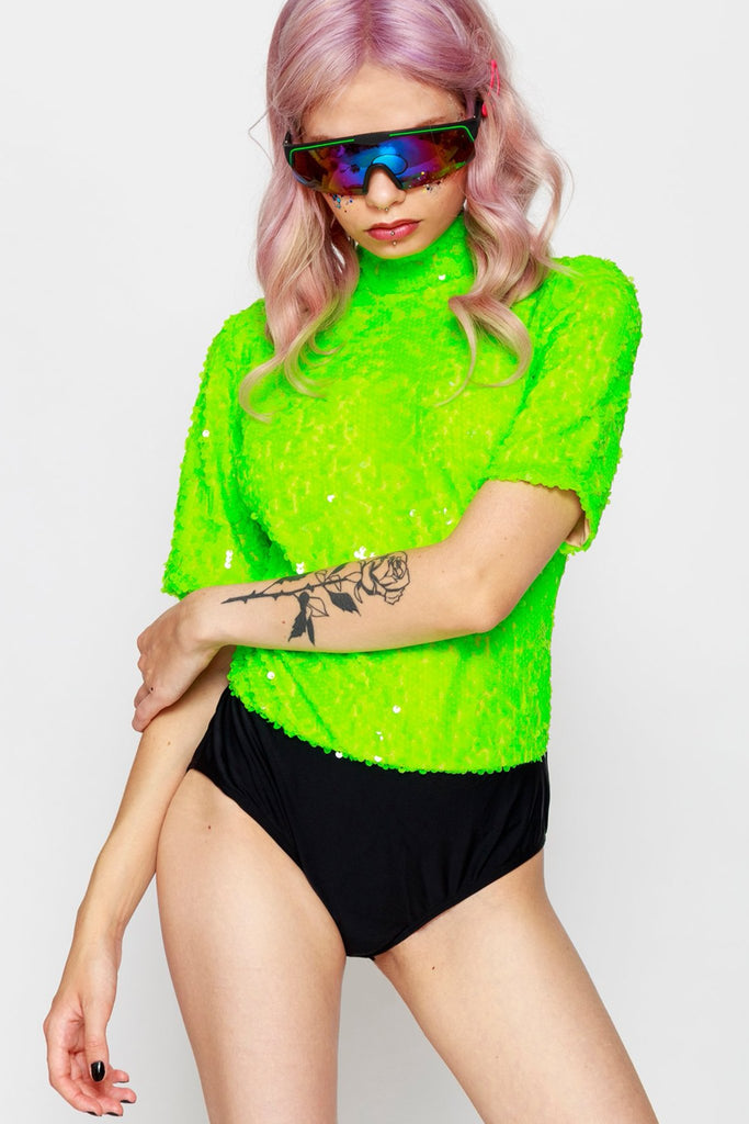 Neon Green High Neck Sequin Bodysuit