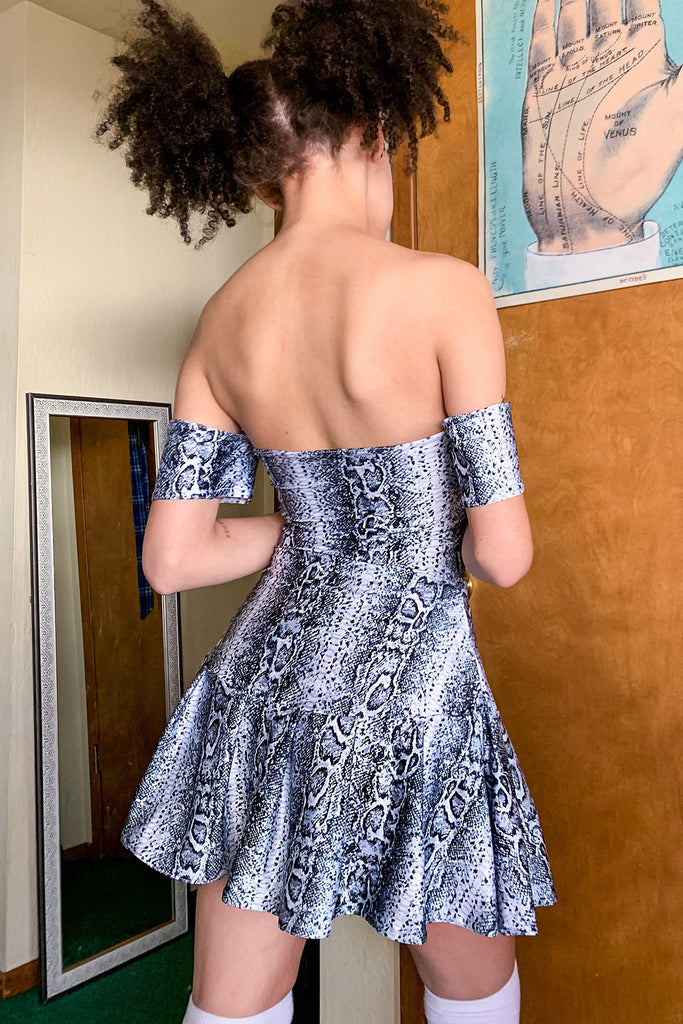 off the shoulder snakeskin dress Corseted snakeskin dress