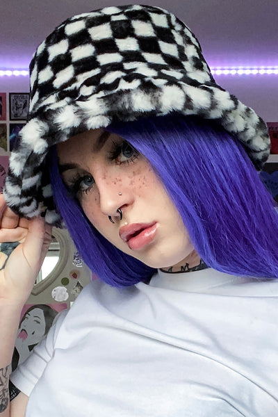 Checkerboard Fluffy Bucket Hat