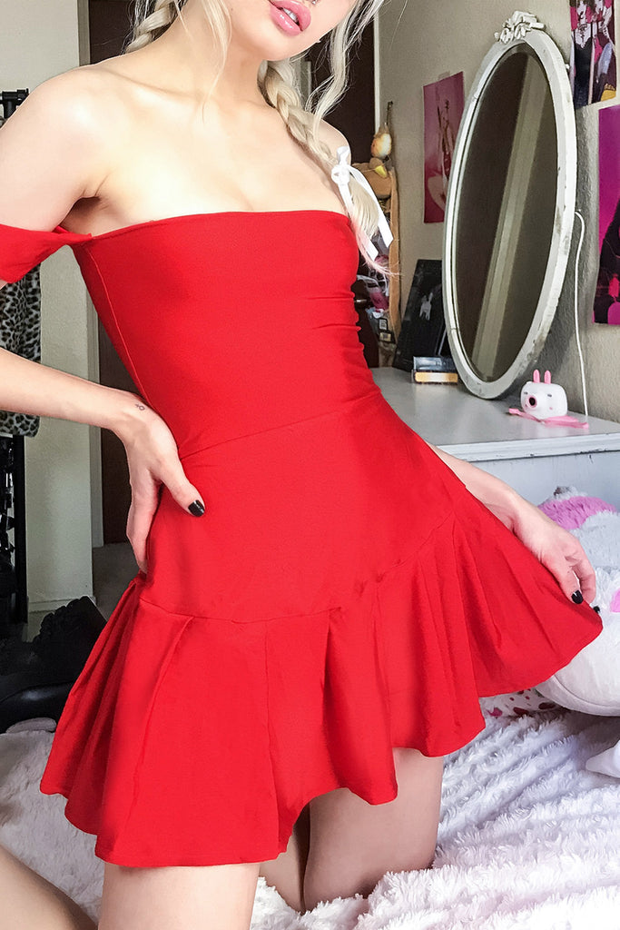 red off the shoulder skater dress Devil's Play Off Shoulder Skater Dress